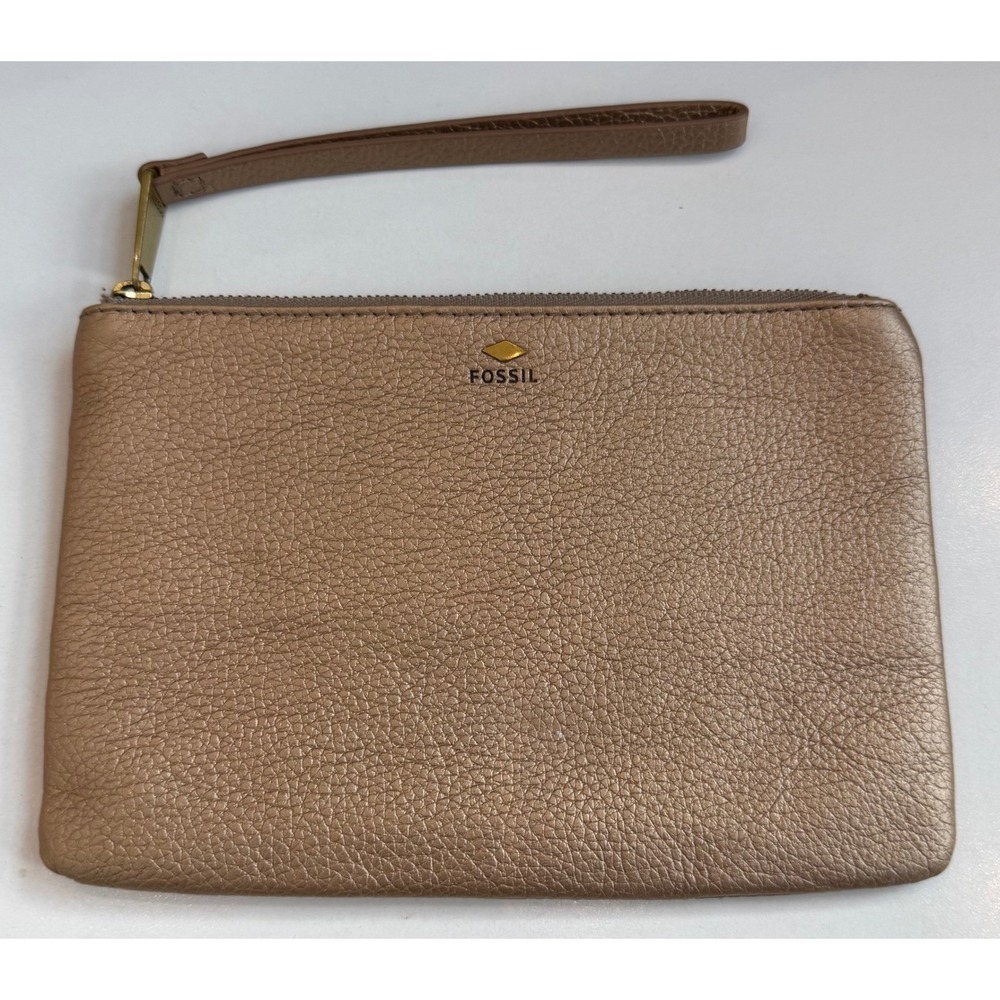 Fossil Metallic Bronze Pebbled Leather Wristlet Zip Pouch Clutch Bag